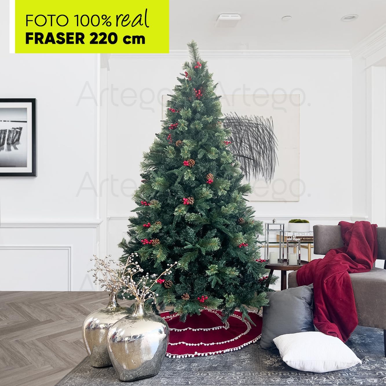 BECKON Árbol de Navidad Premium 2.20m Fraser Fir Artego (3 Materiales) Frondoso (1676 Ramas) Pino Artificial Navideño Artego + Maleta/Christmas Tree Decoración navideña (Fraser 220cm)