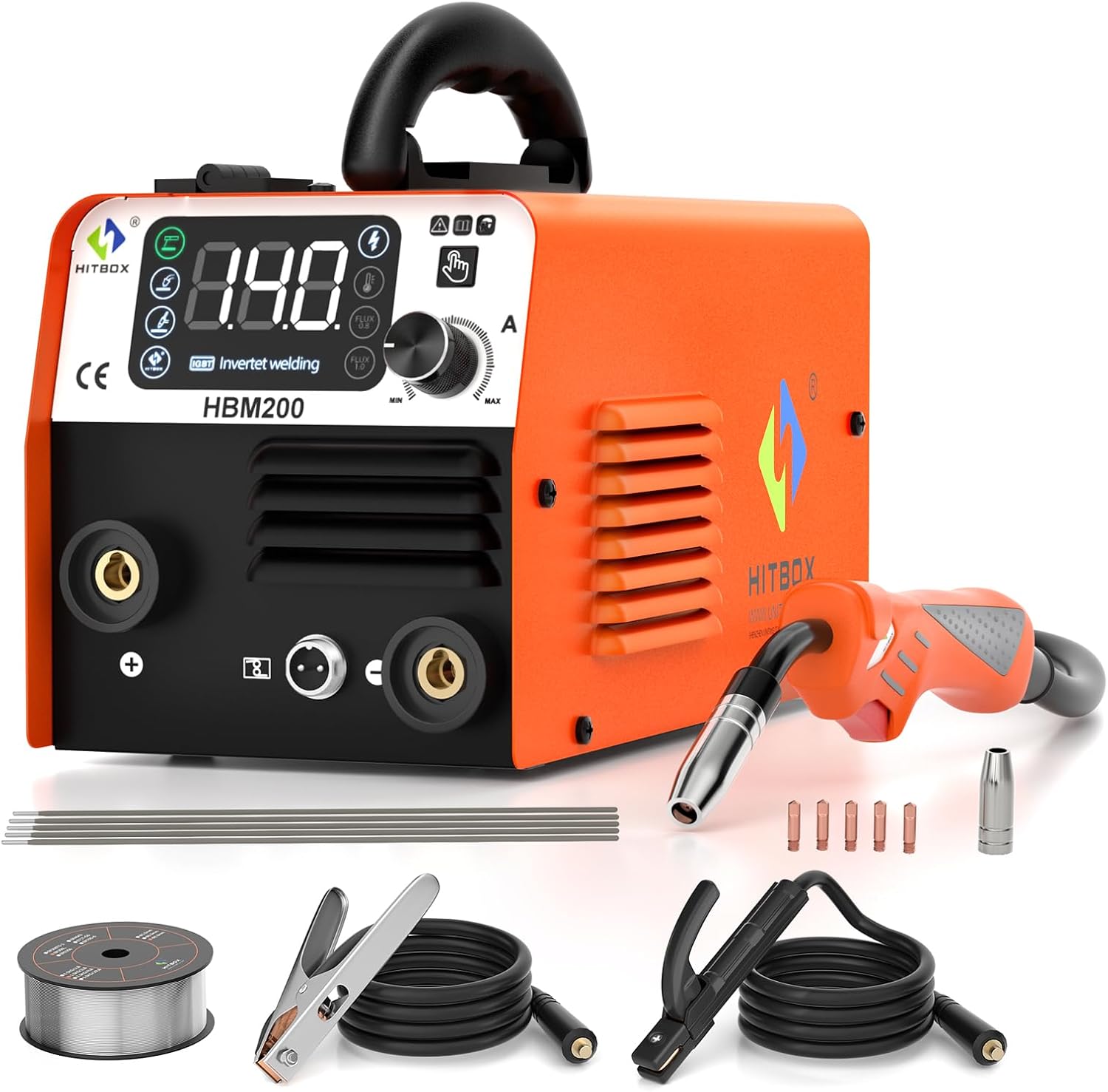 HITBOX Soldadora Inversora Microalambre, 140A sin Gas/Stick/Lift TIG 3 en 1 Inversor para Soldar, 110V Maquina de Soldar Portatil, Máquina de Soldar Soldadora MIG Planta de Soldar(HBM200)