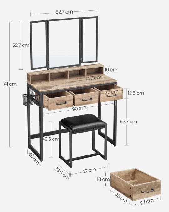 Juego de Mesa de Maquillaje con Espejo Triple, Tocador con Espejo y Taburete, 3 Cajones, Escritorio de Maquillaje, Soporte para Secador, Industrial, Marrón Rústico y Negro RVT004B01