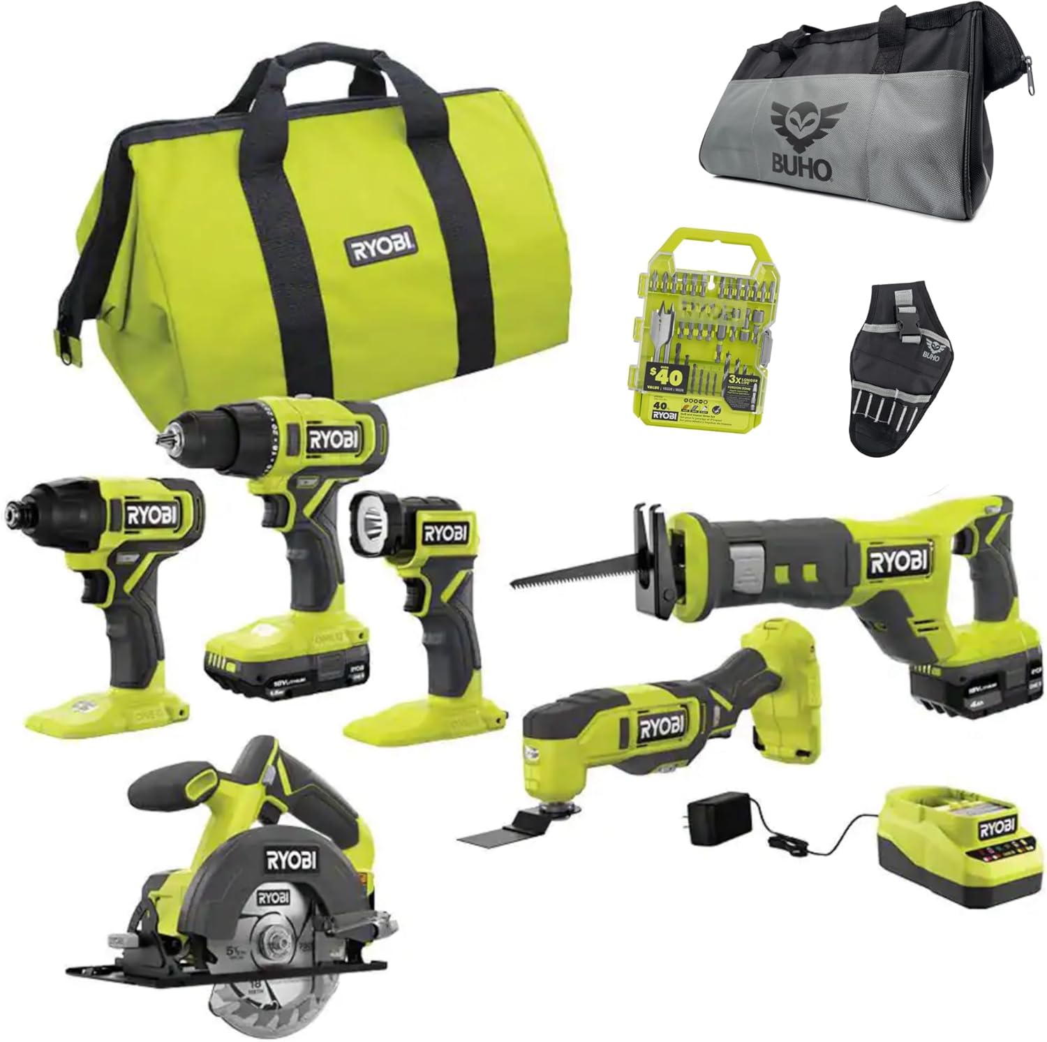 Kit combinado de 6 herramientas eléctricas con bolsa de herramientas Buho y funda, 6 herramientas Ryobi, 2 baterías, cargador y juego de brocas de 40 piezas