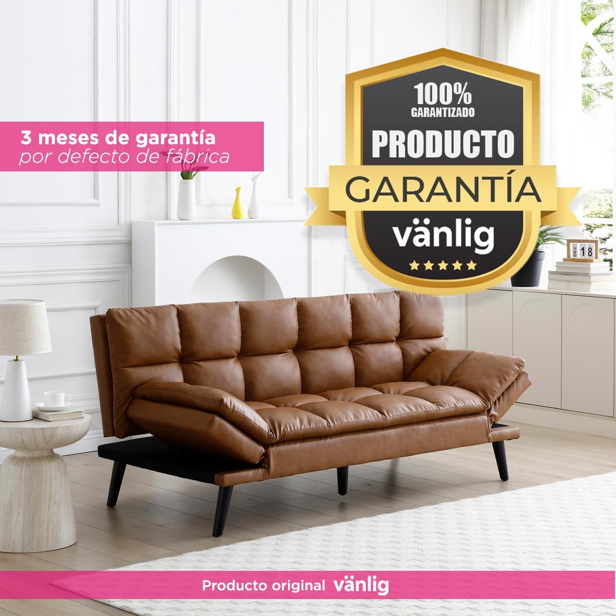 VANLIG | Sofá Cama Moderno de Vinipiel | Acolchado Futón Munich | Multiusos Ajustable | para Espacios Pequeños | Alta Calidad Resistente y Duradero | Color Café