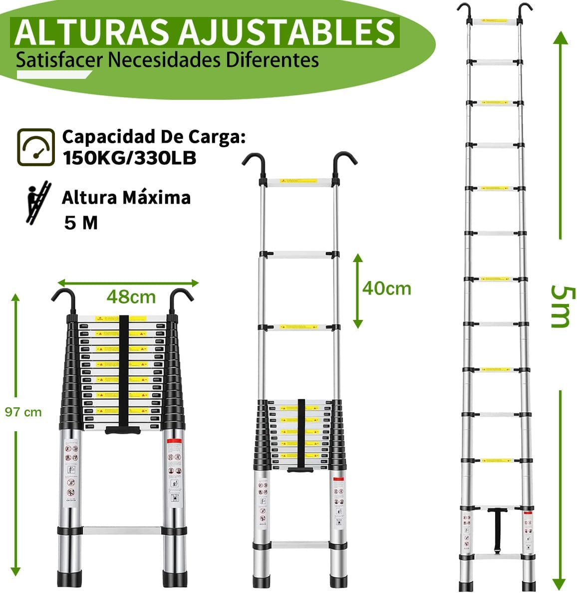 Bowoshen Escalera Telescópica de 5 Metros con Ganchos Escalera Recta de Aluminio Soporta 150 kg Plegable De Retracción Multiusos Extensible Compacta y Portátil Bloqueo De Escalón