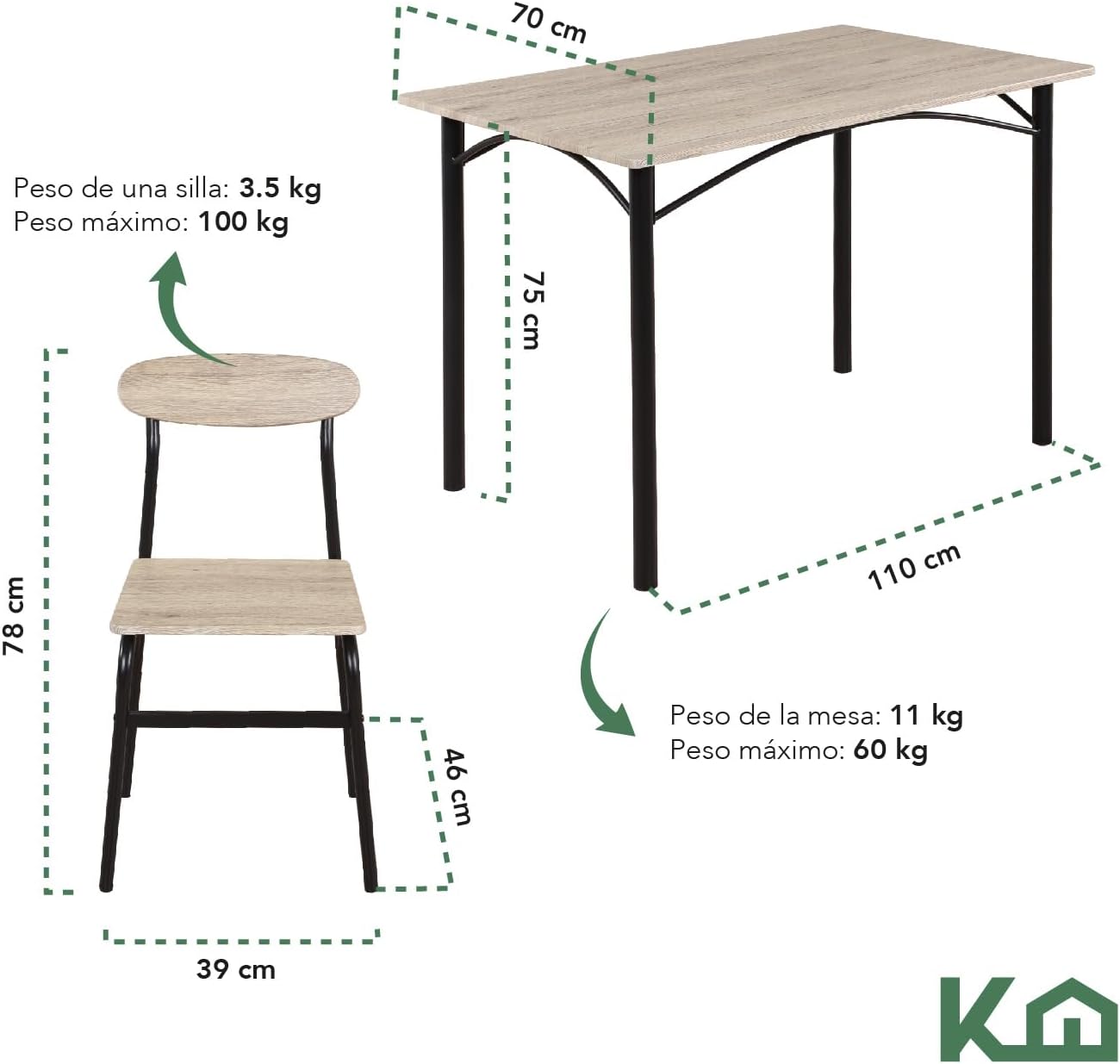 Kingshouse | Comedor 4 Sillas con Mesa – Madera MDF Estructura Metálica - Negro – Moderno Minimalista - para 4 Personas