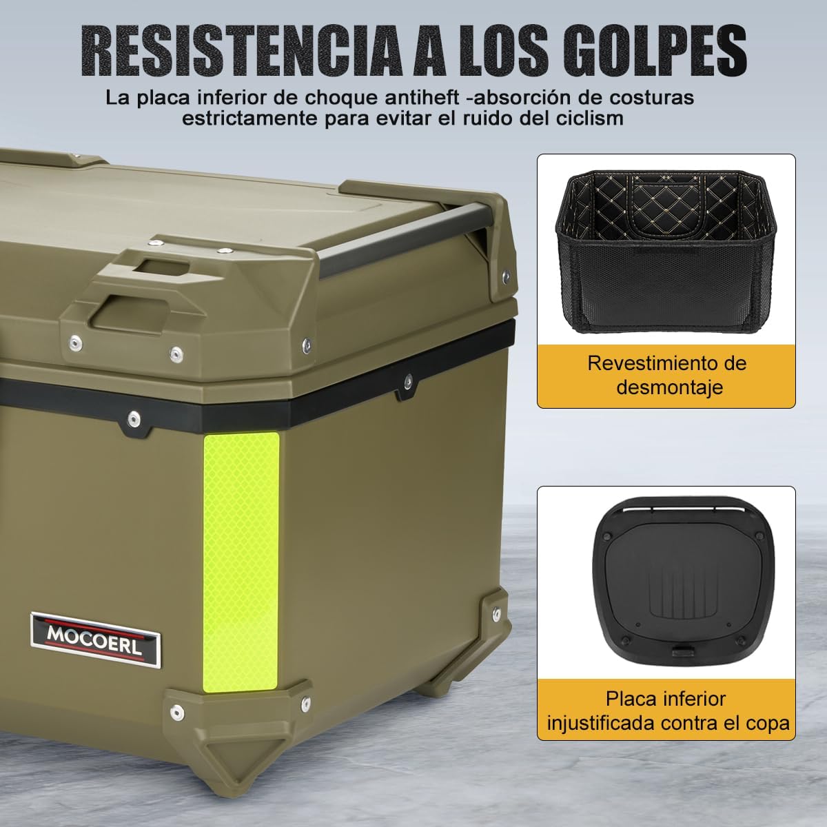 MOCOERL-Impermeable Baul Trasero Caja Moto Abs Respaldo Acojinado 45l Puede contener 1 casco Con cierre de seguridad de acero inoxidable Verde militar (E-570-G)