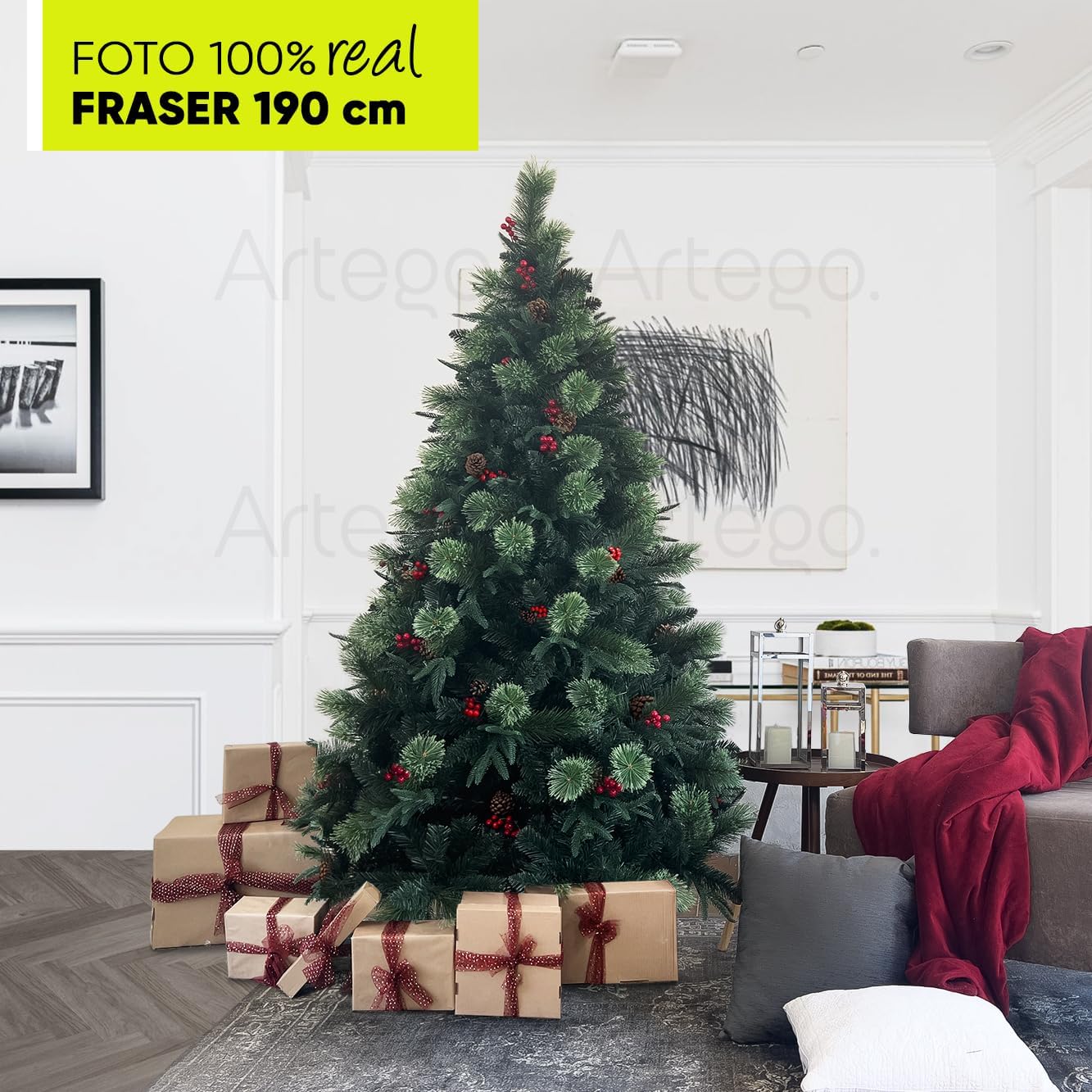 BECKON Árbol de Navidad Premium 2.20m Fraser Fir Artego (3 Materiales) Frondoso (1676 Ramas) Pino Artificial Navideño Artego + Maleta/Christmas Tree Decoración navideña (Fraser 220cm)