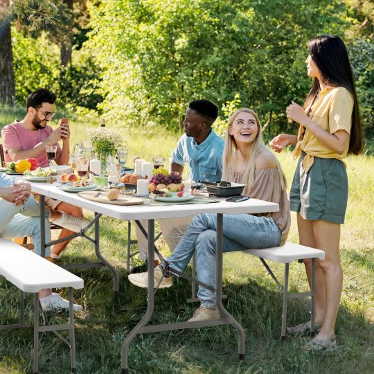 Juego de mesa de picnic con 2 bancos, juego de sillas de mesa de camping de 6 pies, muebles plegables de 3 piezas para uso interior o exterior