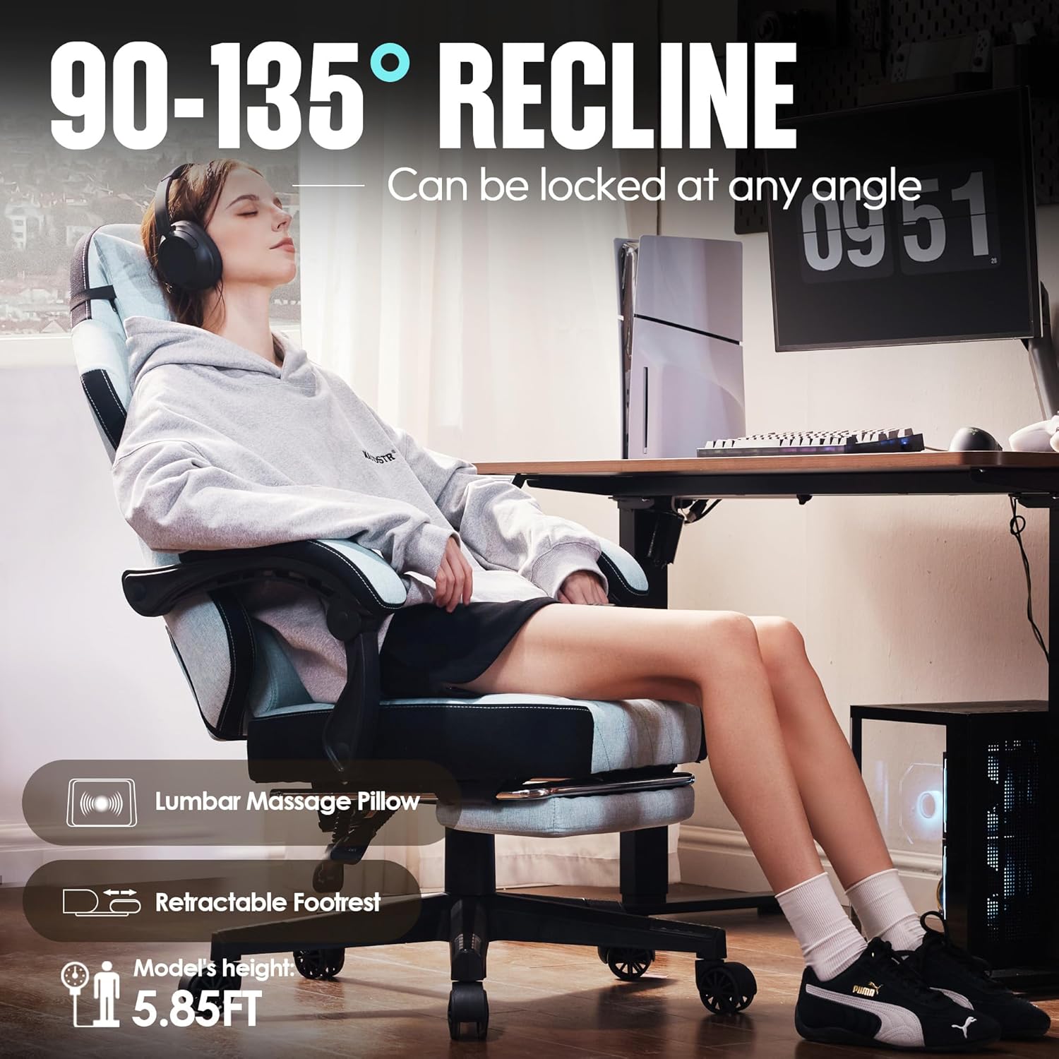 Dowinx - Silla de juego de tela con cojín de resorte de bolsillo, silla ergonómica de computadora con respaldo alto con reposapiés para adultos, soporte lumbar de masaje, silla de juego giratoria para