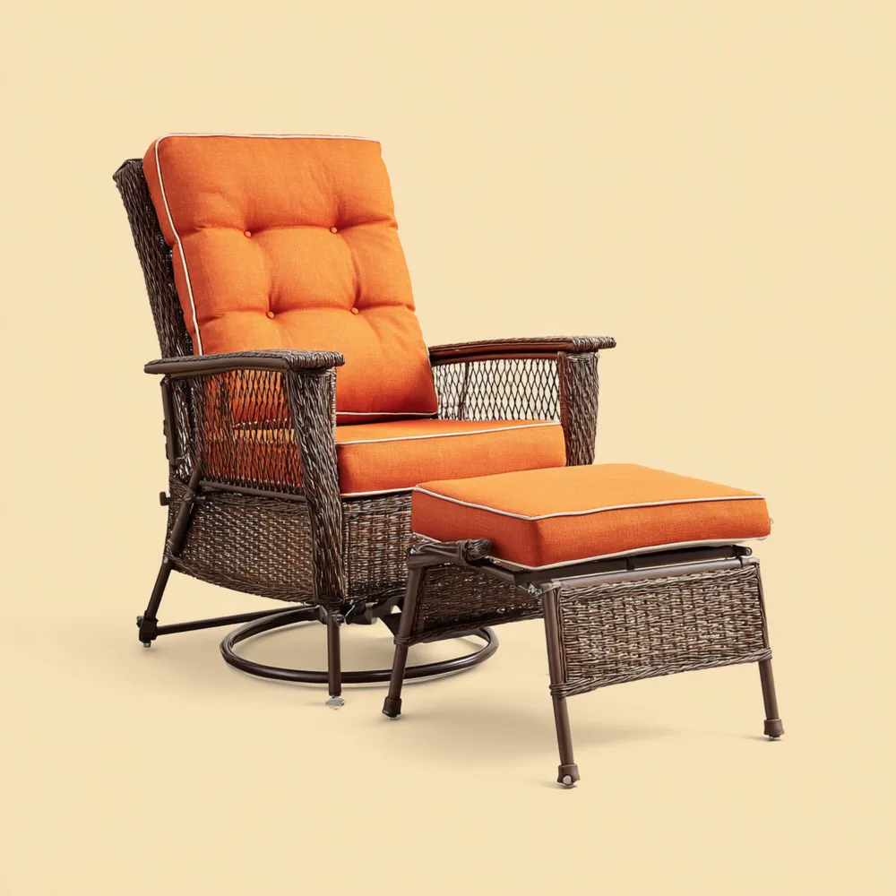 Sedia a dondolo 90x65x100 cm con poggiapiedi 60x50x40 cm in rattan sintetico con cuscini Arancioni – Design rustico