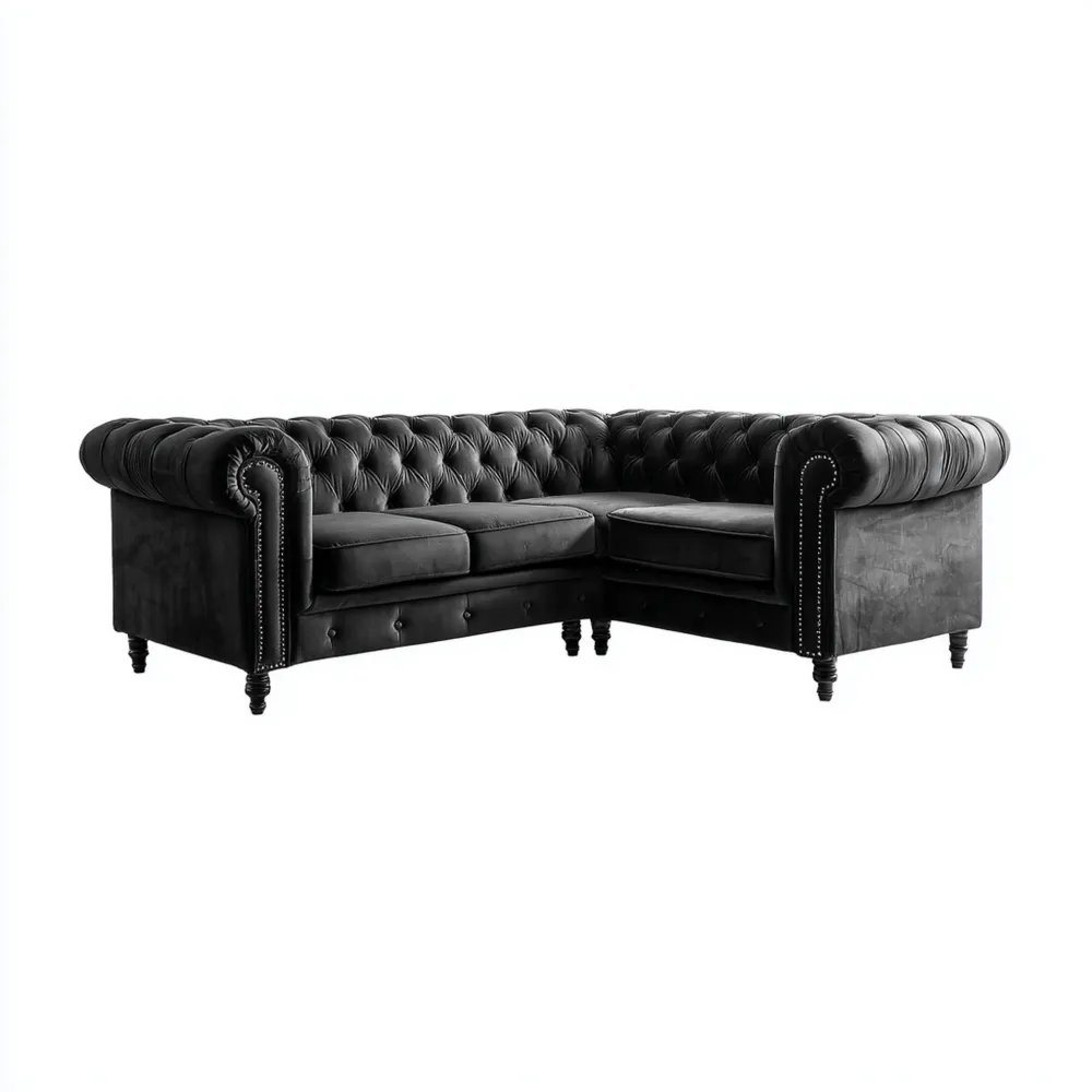 Divano angolare in velluto 250x250x80 cm - Nero - Stile Chesterfield