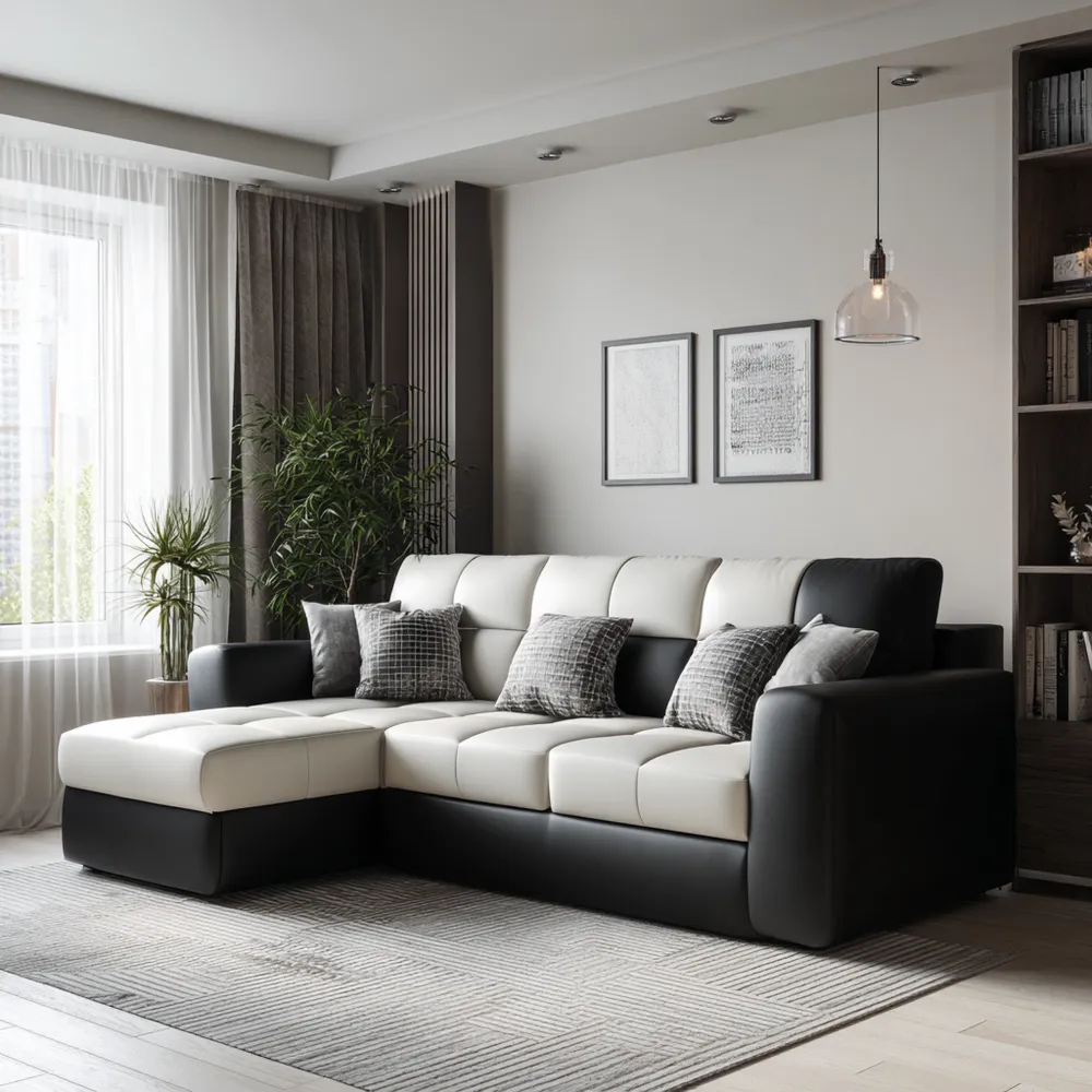 Divano angolare in pelle sintetica 250x150x85 cm – Bianco/Nero – Design moderno