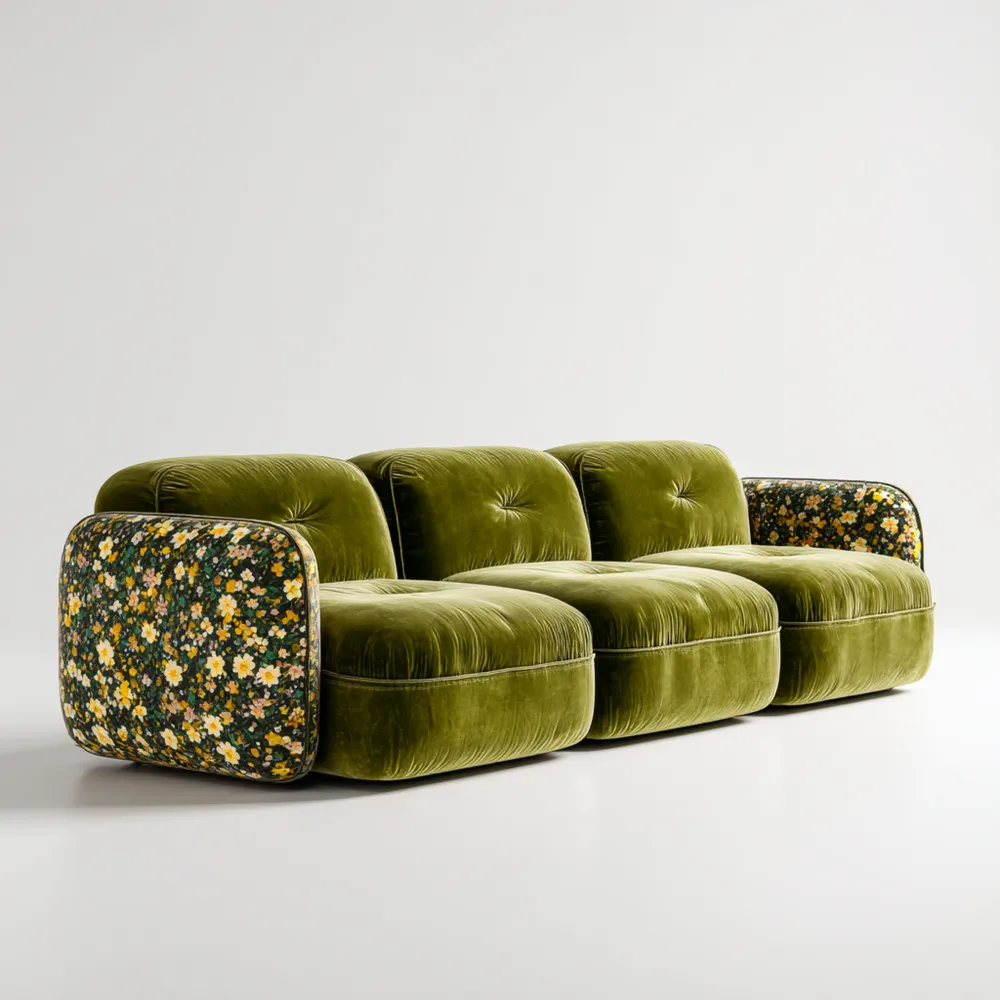 Divano a tre posti in velluto Verde 200x90x80 cm - Design floreale moderno-Calmspatial