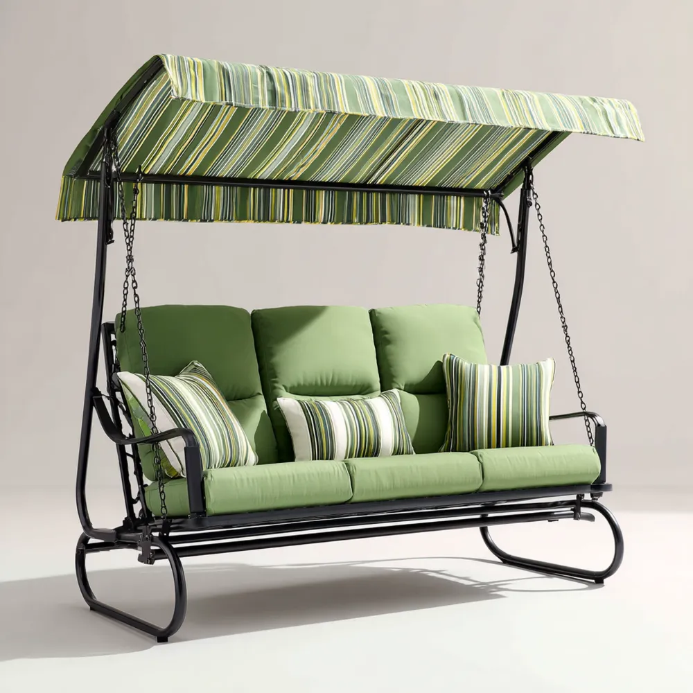 Altalena da giardino a 3 posti 200x120x170 cm - Tessuto Verde a Righe - Struttura in Metallo-Calmspatial