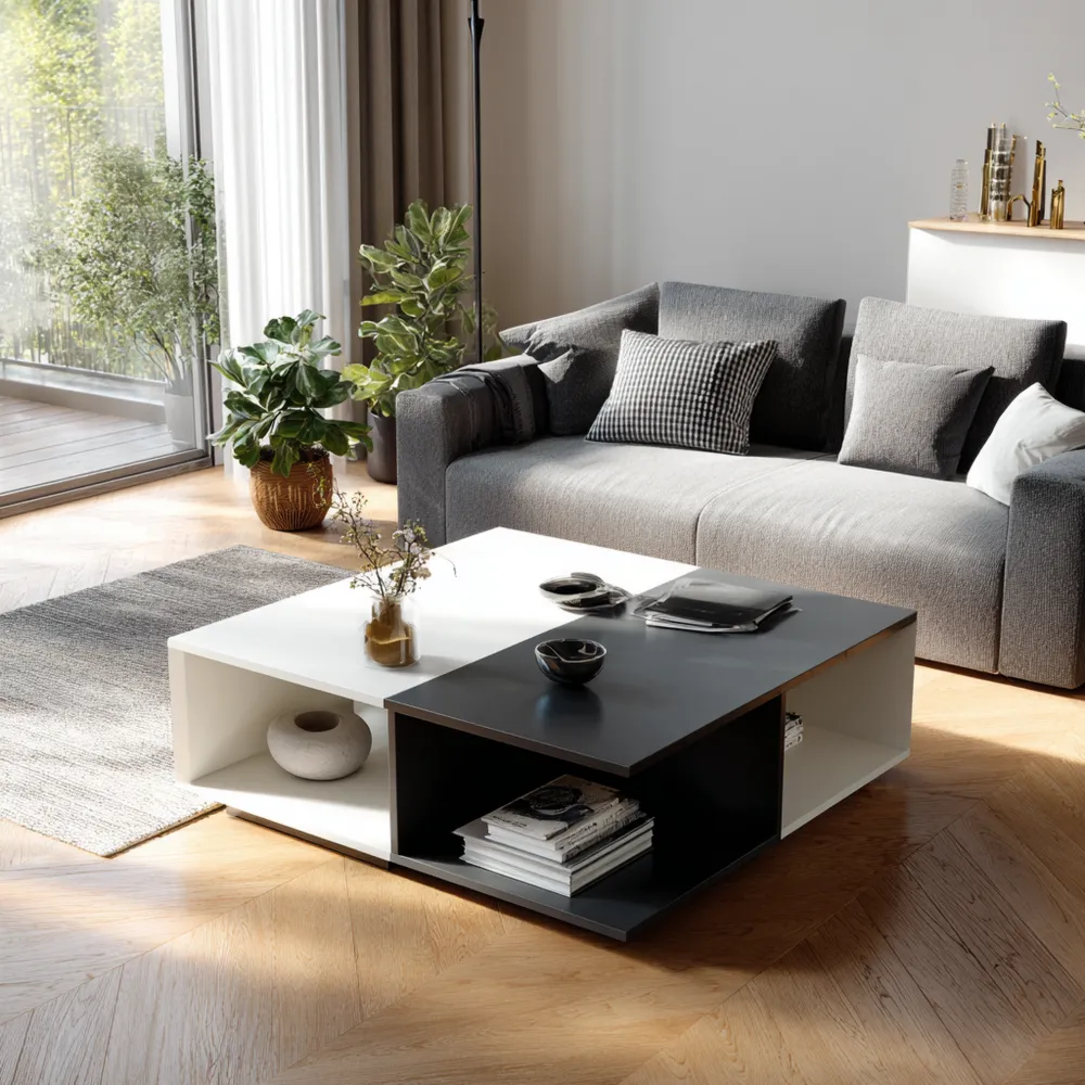 Tavolino da caffè Rettangolare Moderno 100x60x40 cm – Bianco/Nero – Design Funzionale-Calmspatial