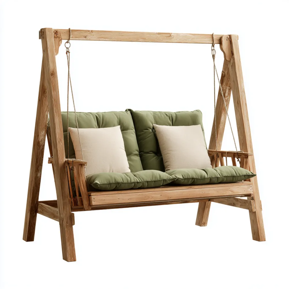 Altalena da giardino in legno con cuscini verdi - 200x150x180 cm - Design rustico-Calmspatial