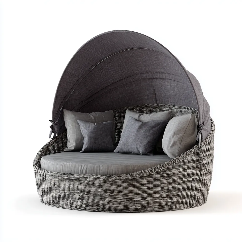 Lettino Prendisole in Rattan 180x180x150 cm con Tettuccio Grigio - Design Moderno