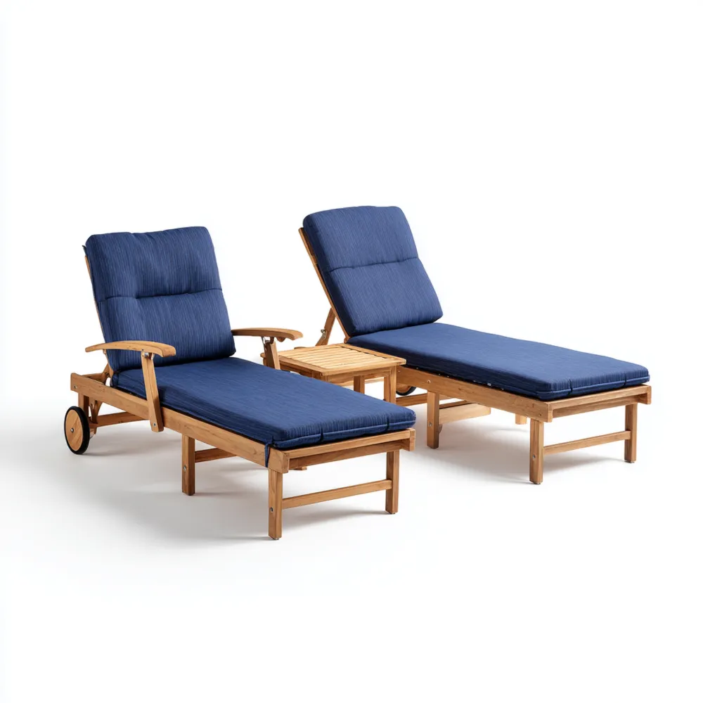 Set di Lettini Prendisole in Legno e Tessuto Imbottito 200x65 cm con Tavolino 40x40 cm – Blu – Design Classico