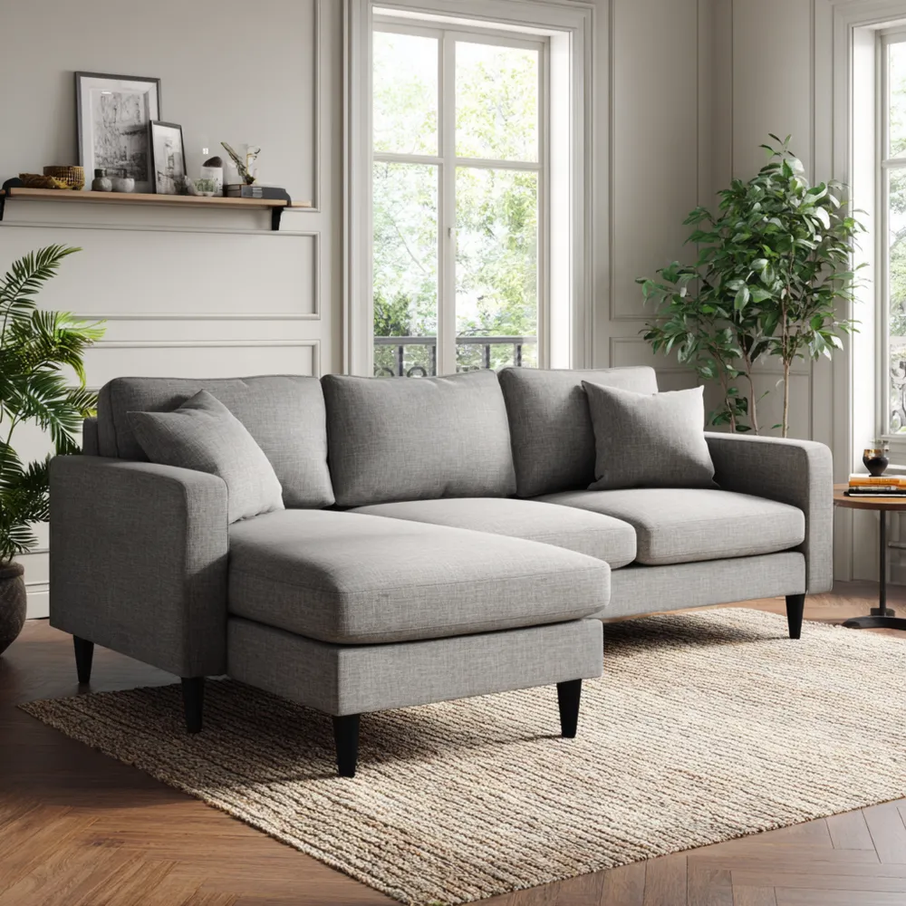 Divano angolare in tessuto 200x150x85 cm – Grigio chiaro – Design moderno