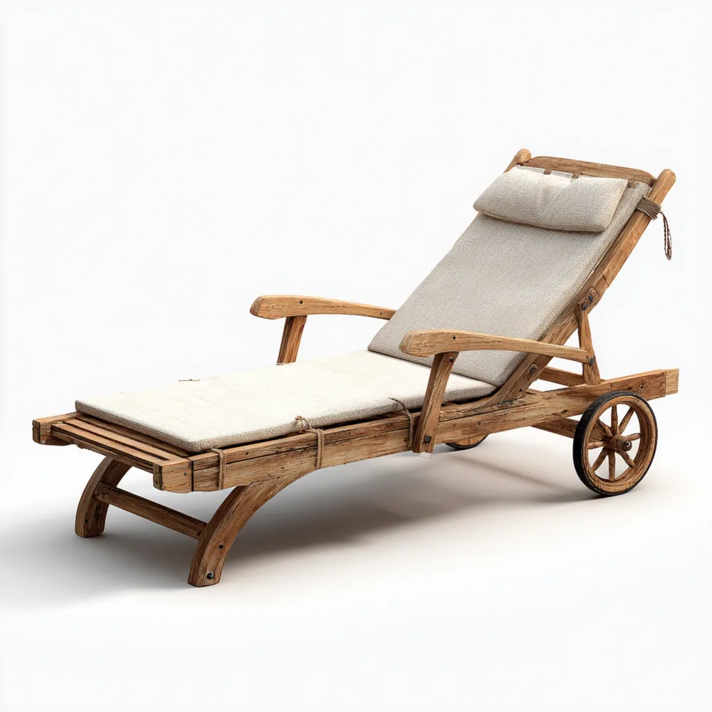 Lettino prendisole in legno con cuscino - 200x65x35 cm - Naturale/Beige - Design rustico