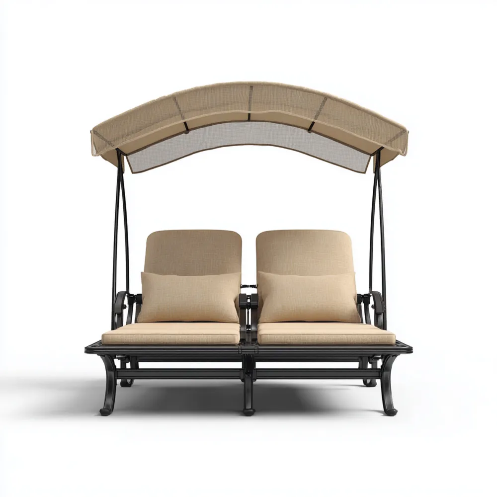 Lettino prendisole doppio con baldacchino in metallo 200x150x180 cm - Beige