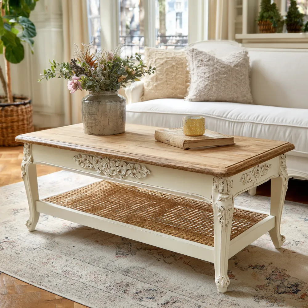 Tavolino da caffè 120x60x45 cm Legno massello - Bianco/Beige - Stile classico-Livoravita