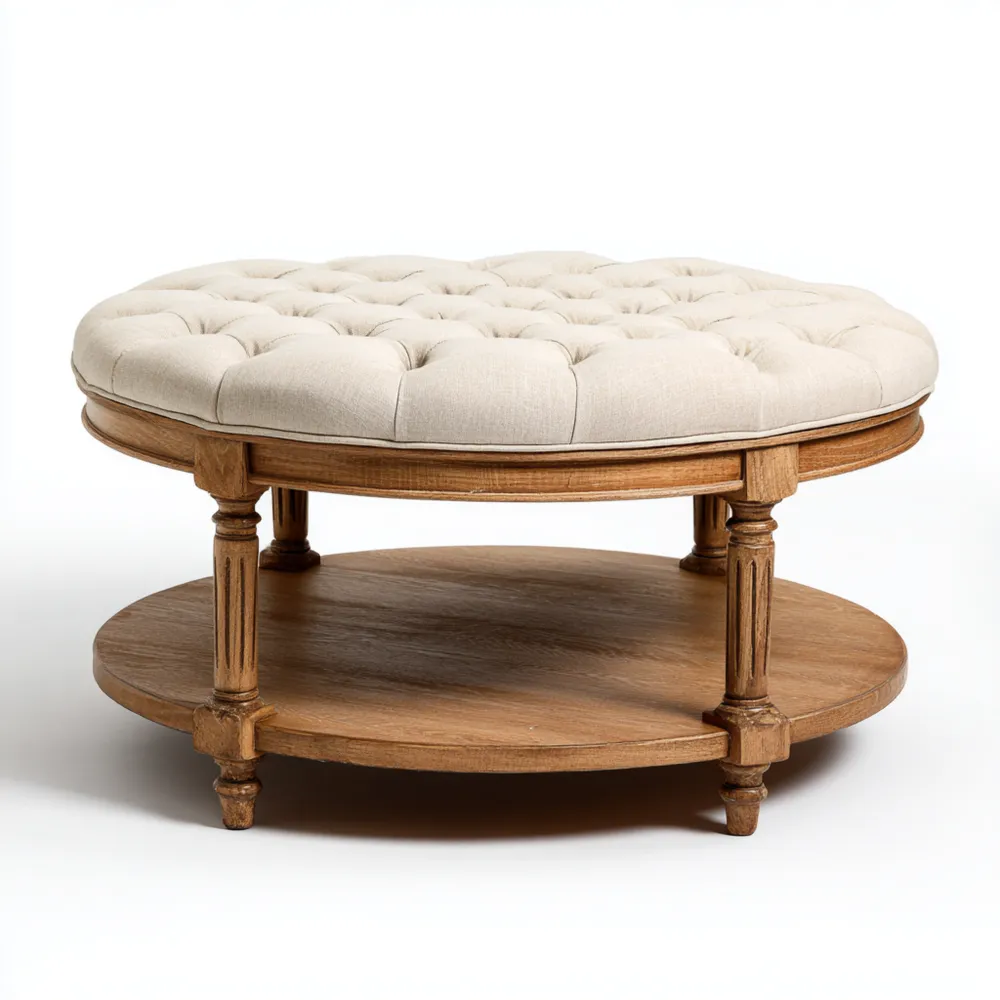 Tavolino da caffè rotondo in legno imbottito - 80x80x45 cm - Colore Naturale-Livoravita