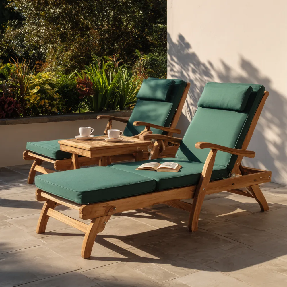 Chaise longue de jardin en bois de teck 200x70x35 cm - Coussin Vert