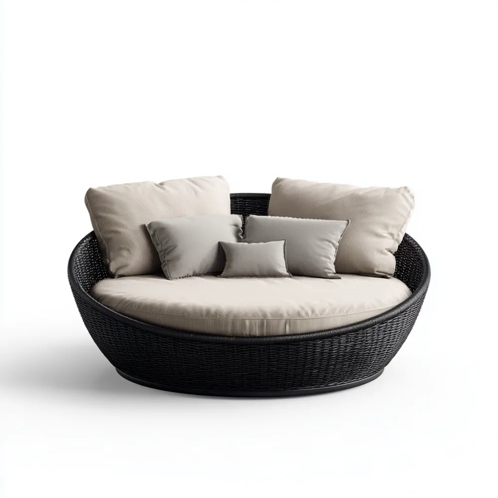 Chaise longue de jardin en rotin 180x180x75 cm - Noir/Beige - Design moderne