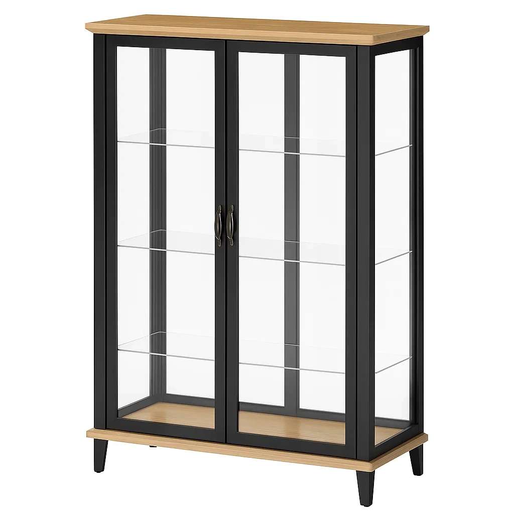 Vitrine en métal noir et bois chêne avec verre trempé 130x80x40 cm-cozyflairz