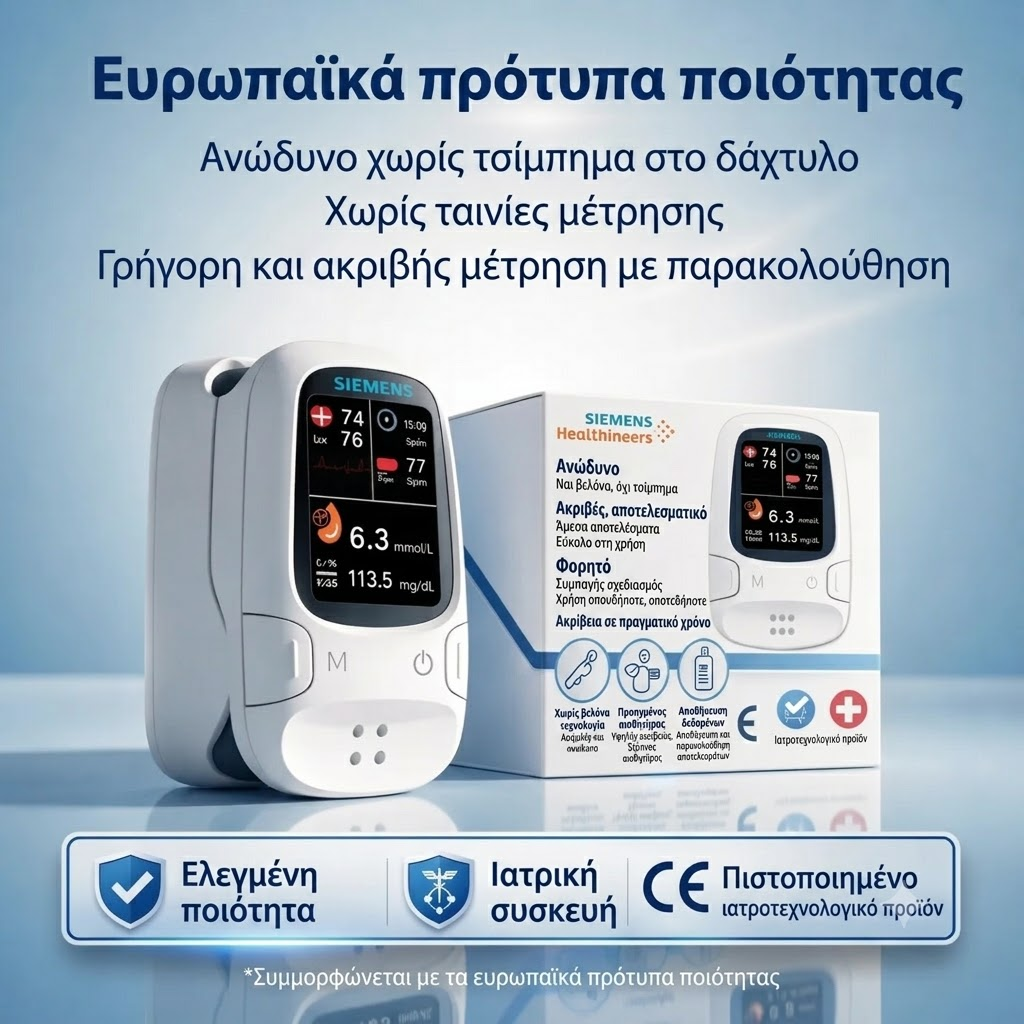 🩸 Μη επεμβατικός μετρητής γλυκόζης – Siemens | Ανώδυνη παρακολούθηση της γλυκόζης στο σπίτι 📊
