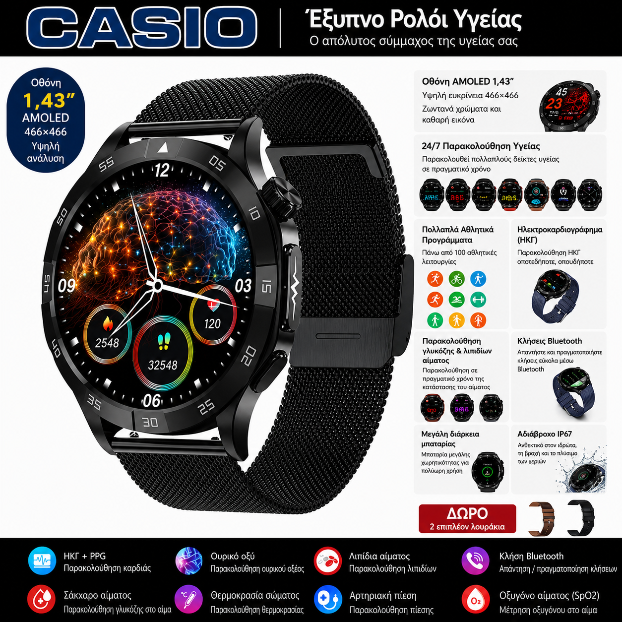 Έξυπνο ρολόι Casio 2026 – Παρακολούθηση σακχάρου, ΗΚΓ και βασικών παραμέτρων υγείας