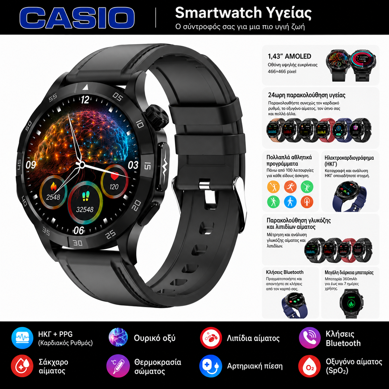 Έξυπνο ρολόι Casio 2026 – Παρακολούθηση σακχάρου, ΗΚΓ και βασικών παραμέτρων υγείας