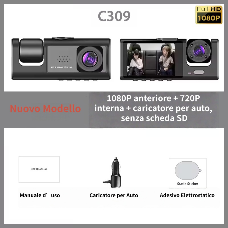 Dash Cam Anteriore/Posteriore con Supporto a Ventosa Incluso