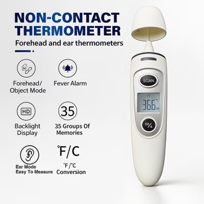 Termometr bezkontaktowy 3 w 1 do pomiaru temperatury czoła, ucha i obiektów, dokładny odczyt w 1 sekundę z ekranem LCD, do użytku rodzinnego i klinicznego