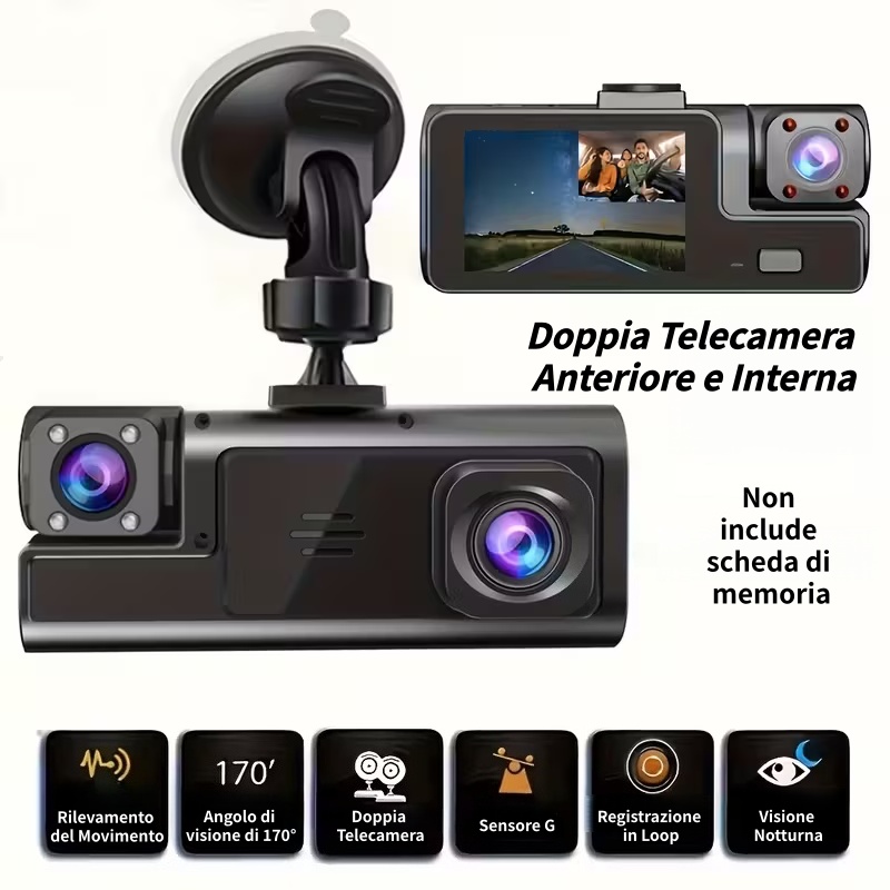 Dash Cam con Doppia Telecamera Anteriore/Posteriore e Scheda di Memoria Inclusa