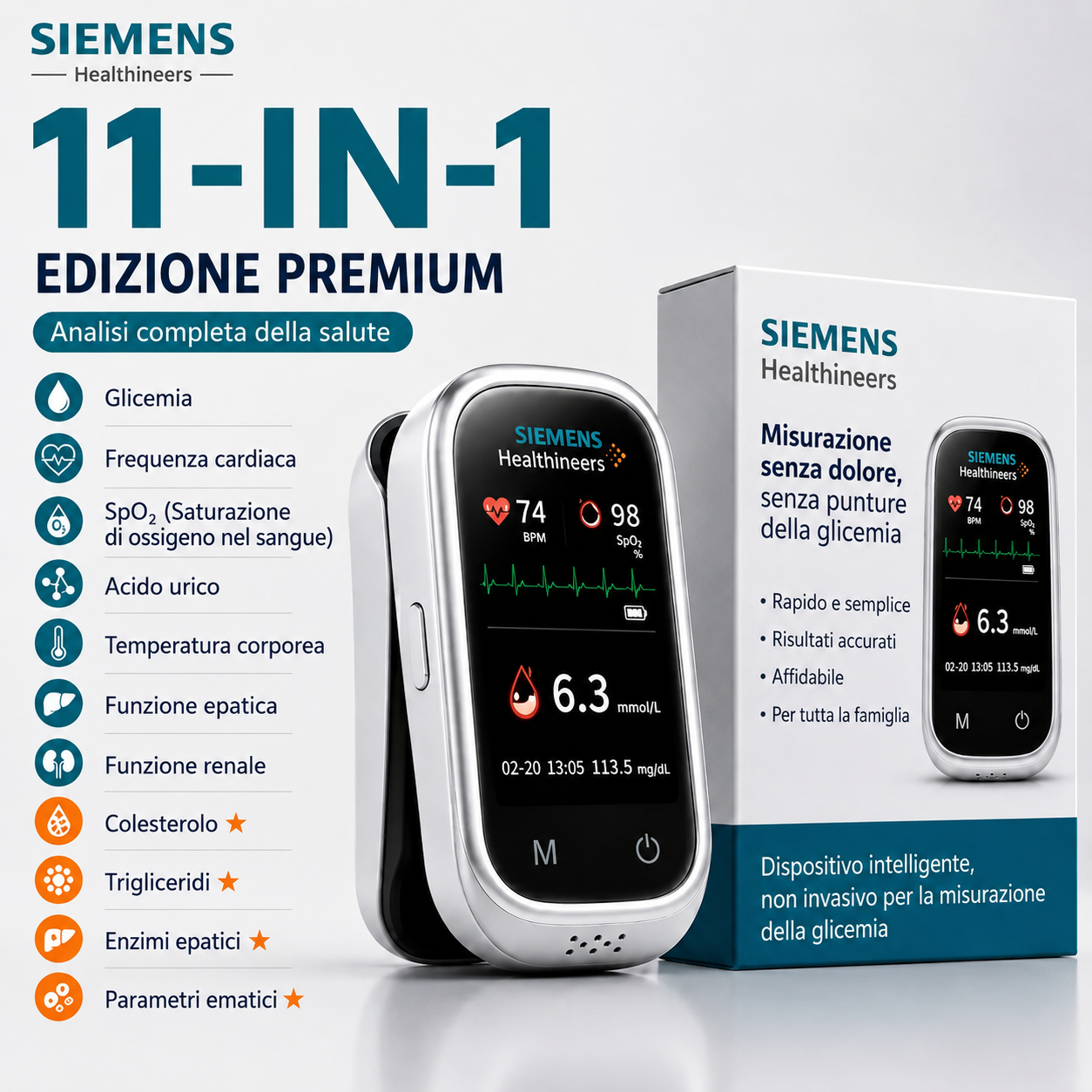 🩸 Misuratore di glicemia senza ago Siemens™ 11 in 1 Senza punture • Senza strisce reattive • Risultati in soli 5 secondi