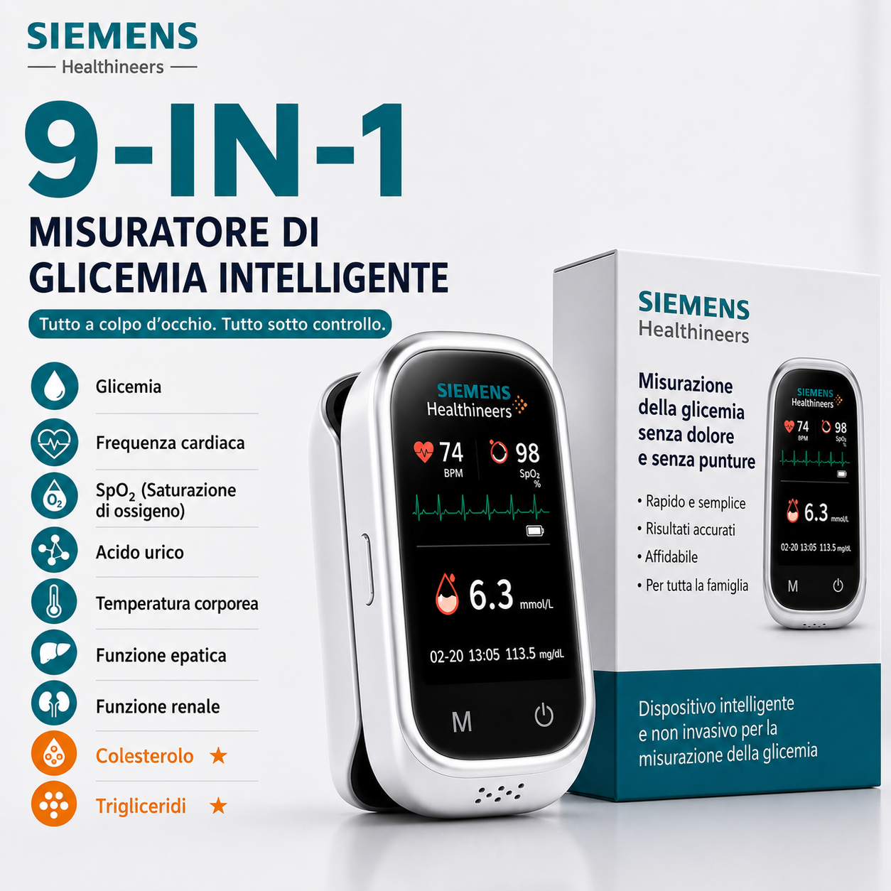 🩸 Misuratore di glicemia senza ago Siemens™ 11 in 1 Senza punture • Senza strisce reattive • Risultati in soli 5 secondi