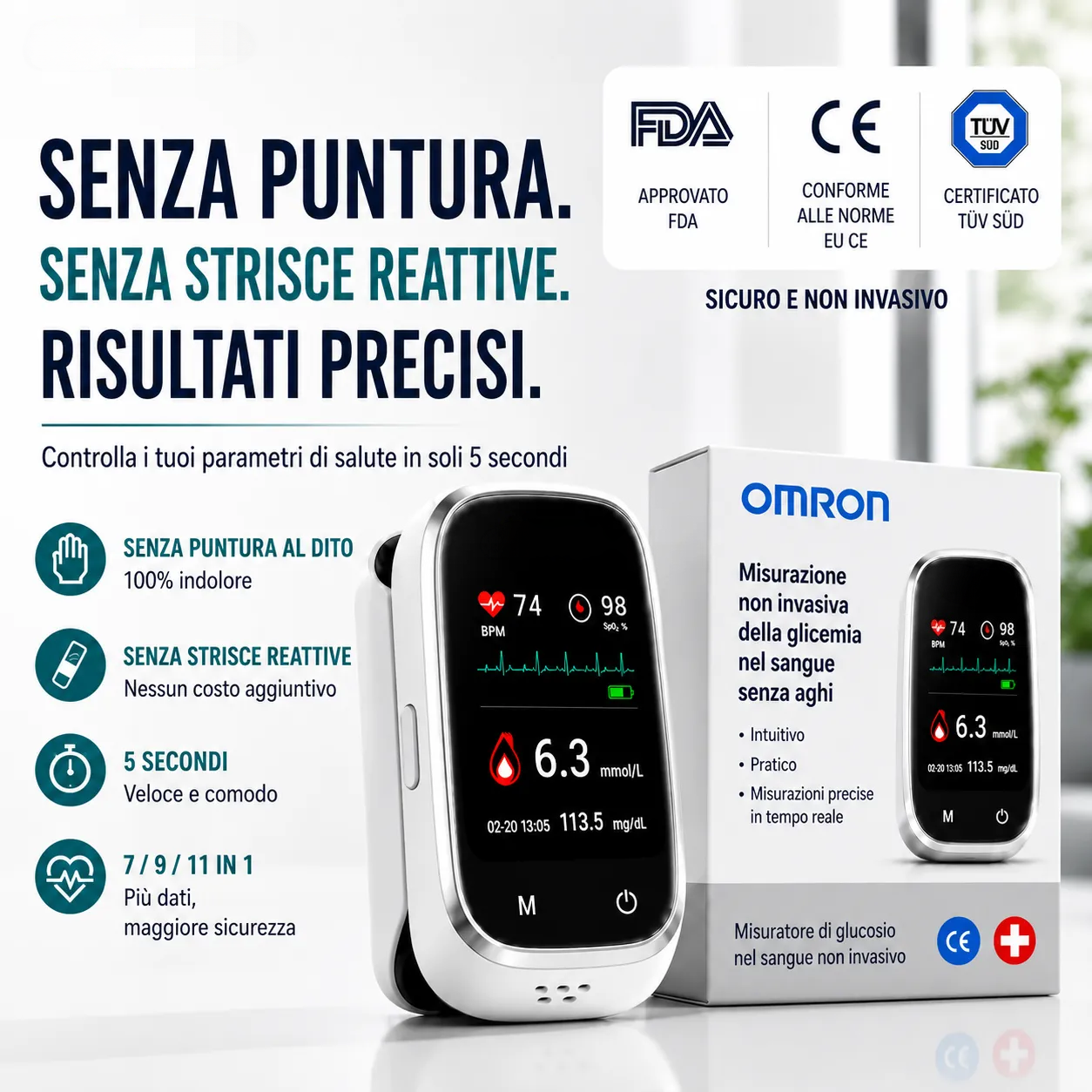 🩸 Misuratore di glicemia senza ago Omron™ 11 in 1 Senza punture • Senza strisce reattive • Risultati in soli 5 secondi