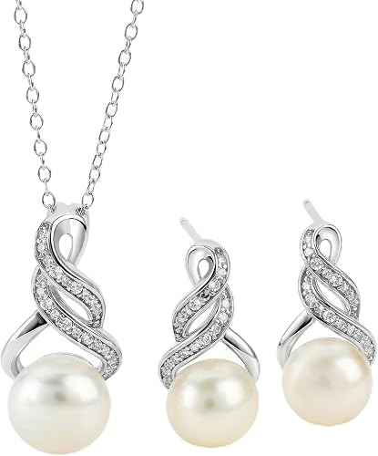 Collana e orecchini con perle e diamanti veri in argento sterling | Set di gioielli ipoallergenici con perle d’acqua dolce coltivate e catena in argento da 18 pollici | Set da sposa e damigelle con diamanti per donna, confezione regalo di MAX + STONE