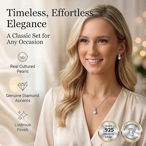 Collana e orecchini con perle e diamanti veri in argento sterling | Set di gioielli ipoallergenici con perle d’acqua dolce coltivate e catena in argento da 18 pollici | Set da sposa e damigelle con diamanti per donna, confezione regalo di MAX + STONE