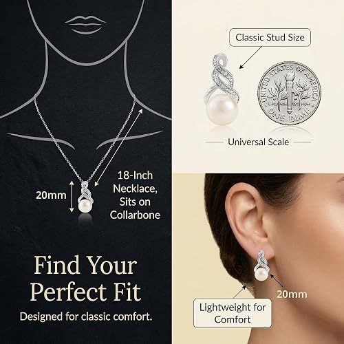 Collana e orecchini con perle e diamanti veri in argento sterling | Set di gioielli ipoallergenici con perle d’acqua dolce coltivate e catena in argento da 18 pollici | Set da sposa e damigelle con diamanti per donna, confezione regalo di MAX + STONE