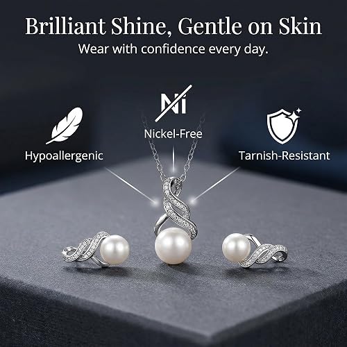 Collana e orecchini con perle e diamanti veri in argento sterling | Set di gioielli ipoallergenici con perle d’acqua dolce coltivate e catena in argento da 18 pollici | Set da sposa e damigelle con diamanti per donna, confezione regalo di MAX + STONE