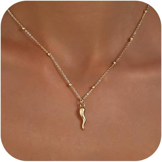 Collana dorata per donna placcata oro 14K, catenina delicata con ciondolo: cuore gonfio, corno italiano, sole luminoso, bussola, goccia di zircone, fiocco, gioiello di moda regalo di tendenza