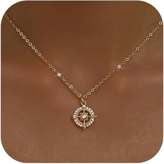 Collana dorata per donna placcata oro 14K, catenina delicata con ciondolo: cuore gonfio, corno italiano, sole luminoso, bussola, goccia di zircone, fiocco, gioiello di moda regalo di tendenza