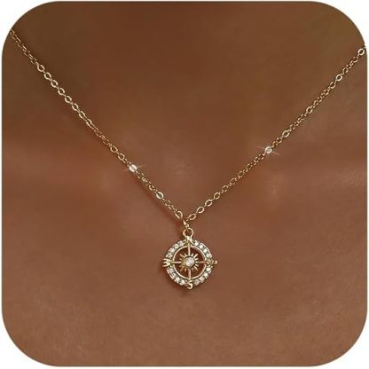 Collana dorata per donna placcata oro 14K, catenina delicata con ciondolo: cuore gonfio, corno italiano, sole luminoso, bussola, goccia di zircone, fiocco, gioiello di moda regalo di tendenza