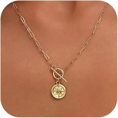 Collana dorata per donna placcata oro 14K, catenina delicata con ciondolo: cuore gonfio, corno italiano, sole luminoso, bussola, goccia di zircone, fiocco, gioiello di moda regalo di tendenza