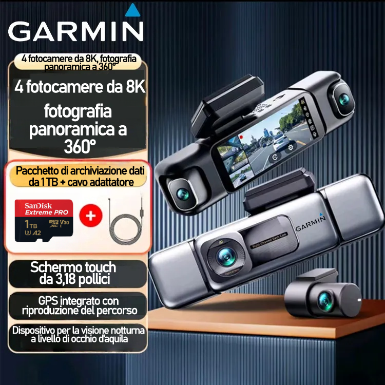 🔥🔥🔥Garmin G980 Telecamera per auto 360° 8K – Protezione intelligente con intelligenza artificiale, controllo vocale, visione notturna, configurazione a quattro telecamere e tracciamento GPS per una sicurezza completa.🔥🔥🔥