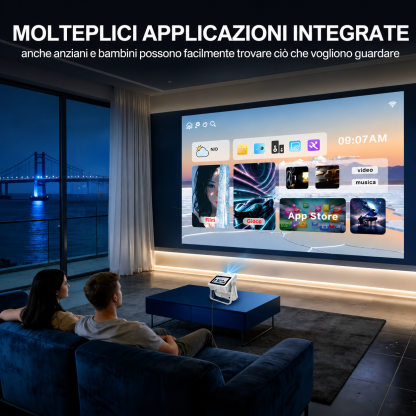 Proiettore portatile intelligente con doppio schermo e doppio display, dispositivo proiettore touch, proiettore video ad alta definizione. Dotato di schermo touch da 7 pollici, messa a fuoco e correzione automatiche.