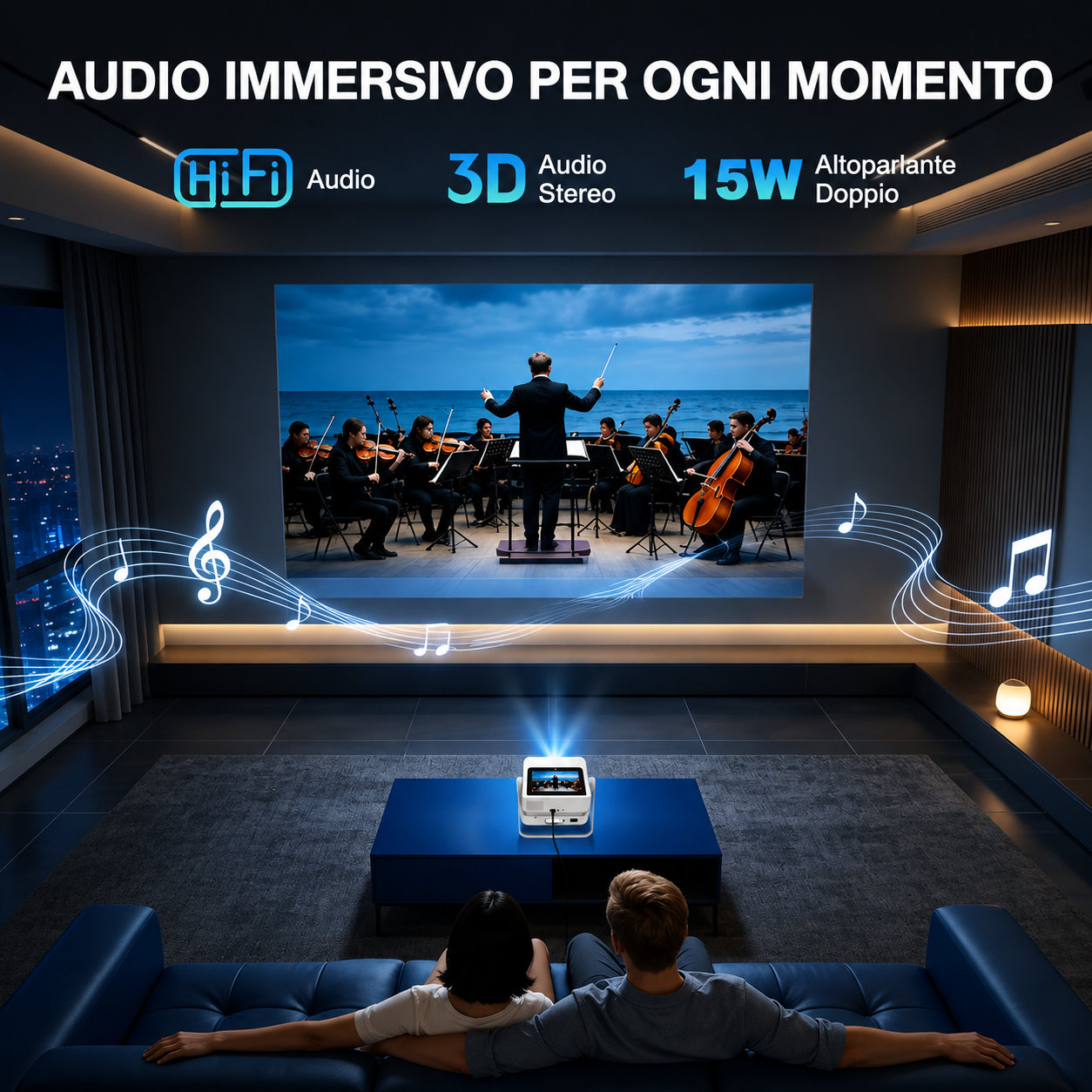 Proiettore portatile intelligente con doppio schermo e doppio display, dispositivo proiettore touch, proiettore video ad alta definizione. Dotato di schermo touch da 7 pollici, messa a fuoco e correzione automatiche.