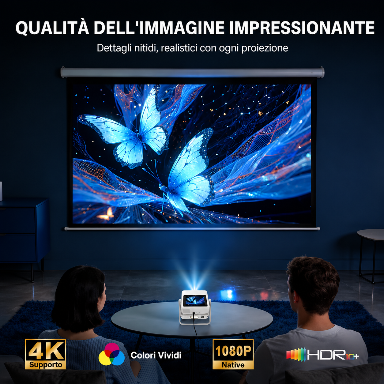 Proiettore portatile intelligente con doppio schermo e doppio display, dispositivo proiettore touch, proiettore video ad alta definizione. Dotato di schermo touch da 7 pollici, messa a fuoco e correzione automatiche.