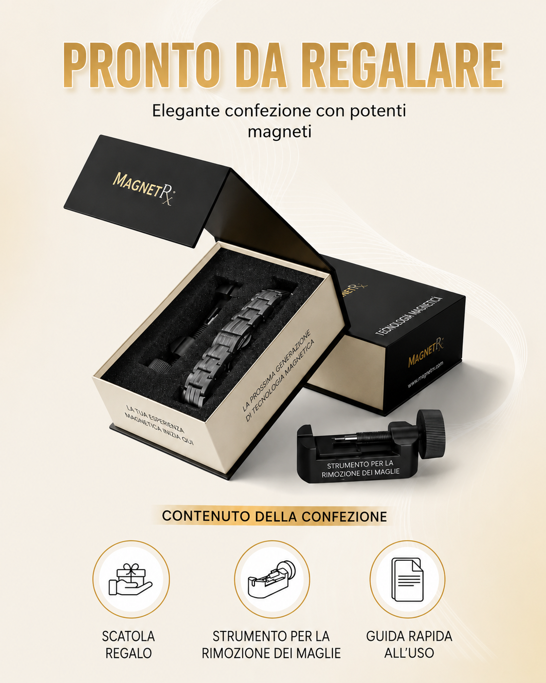 MagnetRX® Bracciale magnetico da uomo – i magneti sono 5 volte più potenti del modello EllipseMAX con una potenza di 5000 Gauss – design americano e sistema brevettato – bracciale magnetico da uomo in titanio premium con lunghezza regolabile